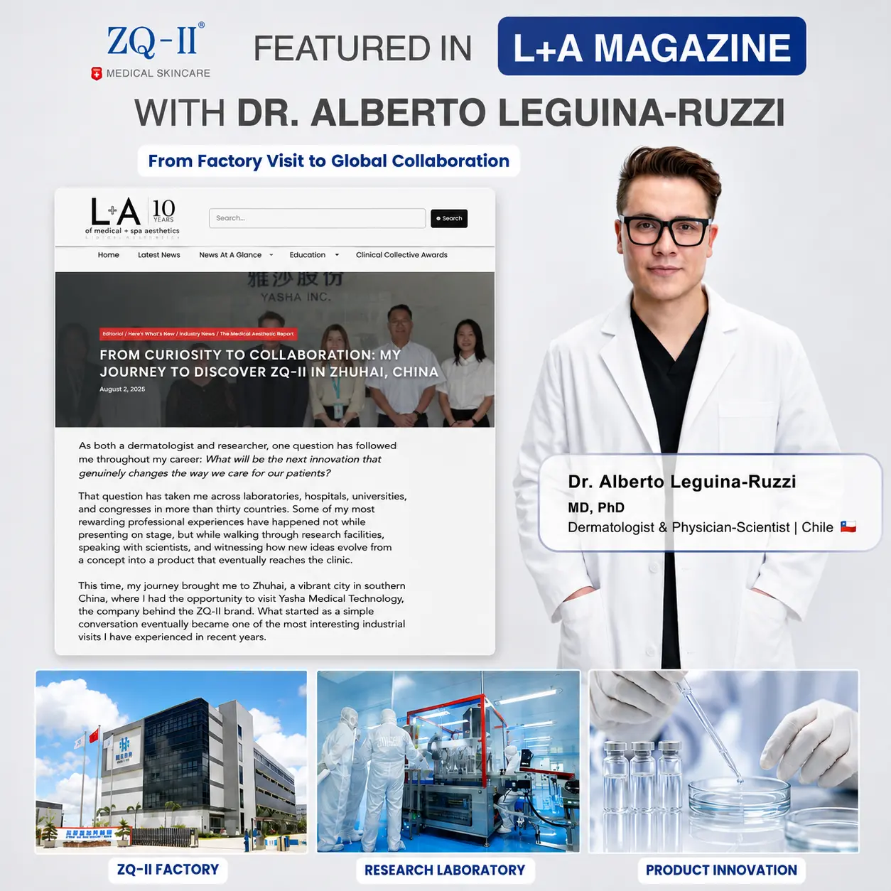 Dr. Alberto Leguina-Ruzzi, MD, PhD's Visit sa ZQ-II Medical Skincare Itinatampok sa L+A Magazine